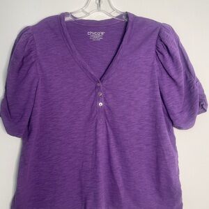 Chico's Purple V-Neck Shirt with Puff Short Sleeves Size 3